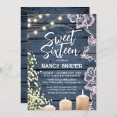 Invitation Sweet 16 Rustique Bleu Chaîne Lumières Moderne (Devant / Derrière)