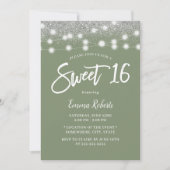 Invitation Sweet 16 Sage Vert Parties scintillant Argent Anni (Devant)
