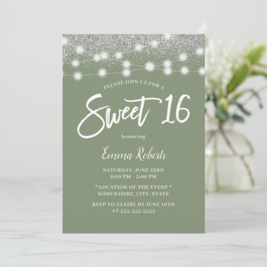 Invitation Sweet 16 Sage Vert Parties scintillant Argent Anni (Debout devant)