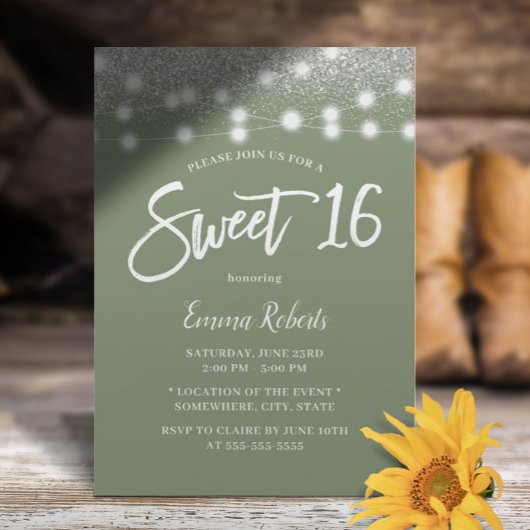 Invitation Sweet 16 Sage Vert Parties scintillant Argent Anni
