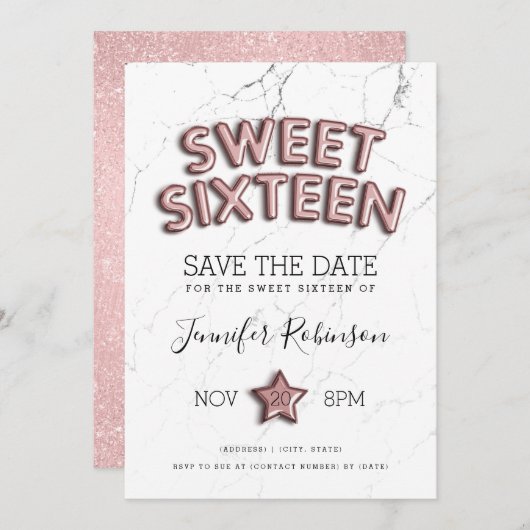 Invitation Sweet 16 Save The Date Rose Gold Ballons Parties s (Devant / Derrière)
