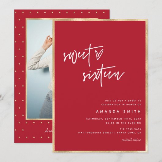 Invitation Sweet 16 Script moderne Gold Foil Rouge Anniversai (Devant / Derrière)