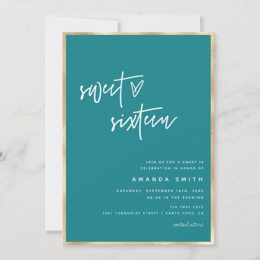 Invitation Sweet 16 Script moderne Gold Foil Turquoise Annive (Devant)