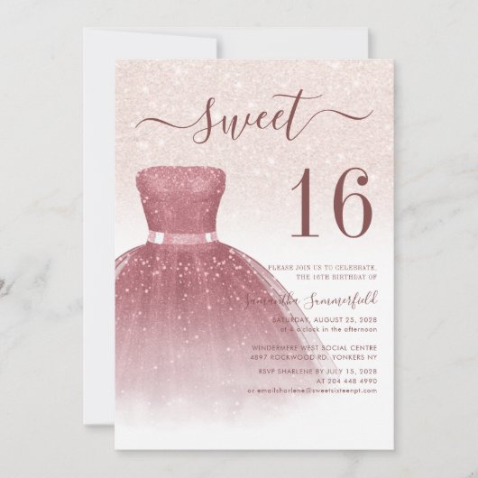 Invitation Sweet 16 Script Rose Parties scintillant or Annive (Devant)