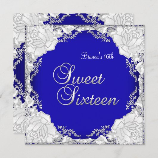 Invitation Sweet 16 Seize Anniversaire bleu violet argent (Devant / Derrière)