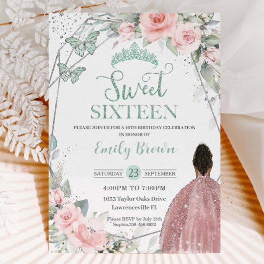 Invitation Sweet 16 Seize Anniversaire Blush Floral Mint Gree