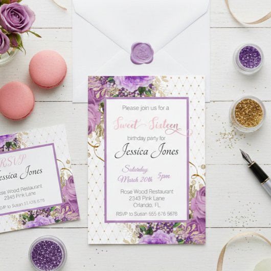 Invitation Sweet 16 Seize Anniversaire Fête Florale Purple Ro