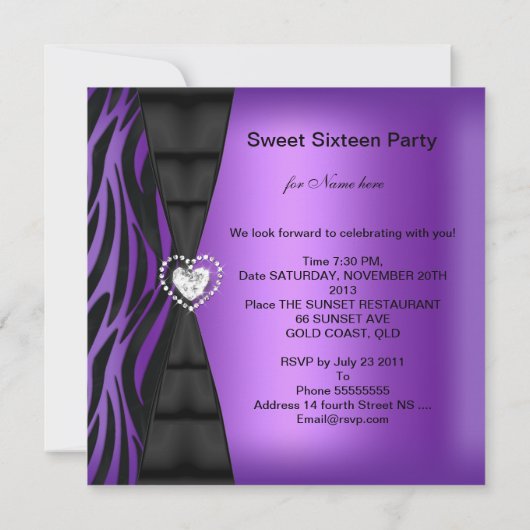 Invitation Sweet 16 Seize Anniversaire Fête Zebra Purple (Dos)