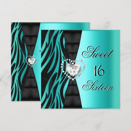 Invitation Sweet 16 Seize Anniversaire Fête Zèbre Turquoise B (Devant / Derrière)