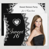 Invitation Sweet 16 Seize Anniversaire Noir Blanc Dentelle (Devant / Derrière)