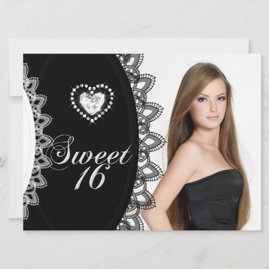 Invitation Sweet 16 Seize Anniversaire Noir Blanc Dentelle (Devant)