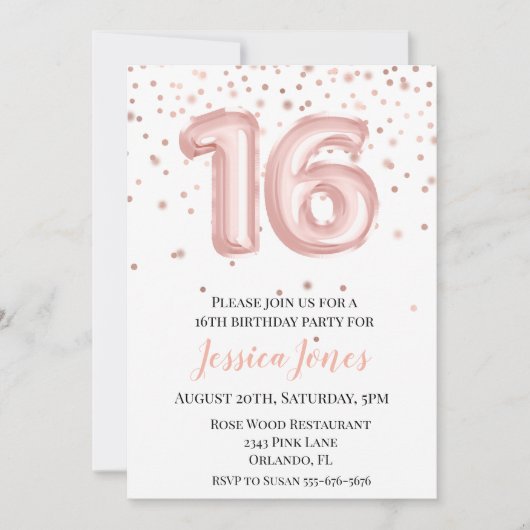 Invitation Sweet 16 Seize Anniversaire Rose Ballons d'or (Devant)