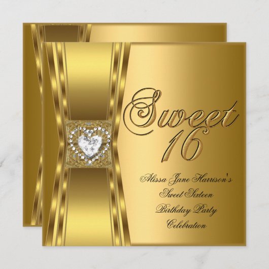 Invitation Sweet 16 Seize Anniversaire Soeur d'Or (Devant / Derrière)