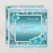Invitation Sweet 16 Seize Anniversaire Turquoise Fleur bleue  (Devant / Derrière)