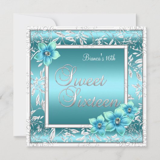 Invitation Sweet 16 Seize Anniversaire Turquoise Fleur bleue  (Devant)
