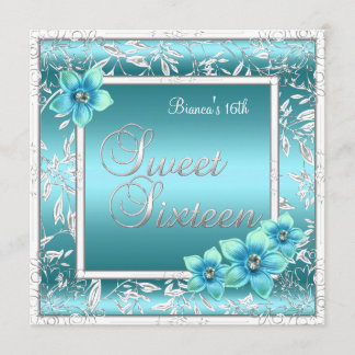 Invitation Sweet 16 Seize Anniversaire Turquoise Fleur bleue 
