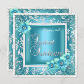 Invitation Sweet 16 Seize Anniversaire Turquoise Fleur bleue  (Devant / Derrière)