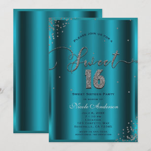 Invitation SWEET 16 Seize Aqua Bleu Argent Confetti Coins