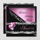 Invitation Sweet 16 Seize Ballons Coeur Rose Leopard (Devant / Derrière)