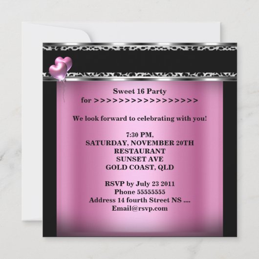 Invitation Sweet 16 Seize Ballons Rose Zebra Leopard (Dos)