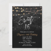Invitation Sweet 16 Seize Black Silver Gold Sparkle Lumières (Devant)