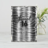 Invitation SWEET 16 Seize Black White Zebra & Silver Bling (Debout devant)