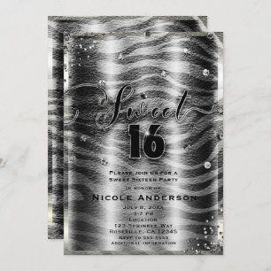 Invitation SWEET 16 Seize Black White Zebra & Silver Bling
