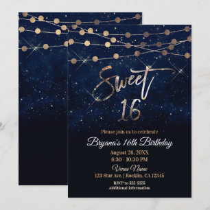 Invitation Sweet 16 Seize Bleu & Or Lumières scintillantes