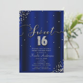 Invitation SWEET 16 Seize Bleu Royal Argent Confetti Corner (Debout devant)