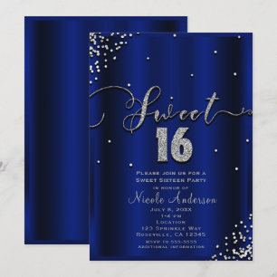 Invitation SWEET 16 Seize Bleu Royal Argent Confetti Corner