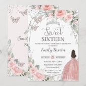 Invitation Sweet 16 Seize Blush Rose Floral Argent Anniversai (Devant / Derrière)