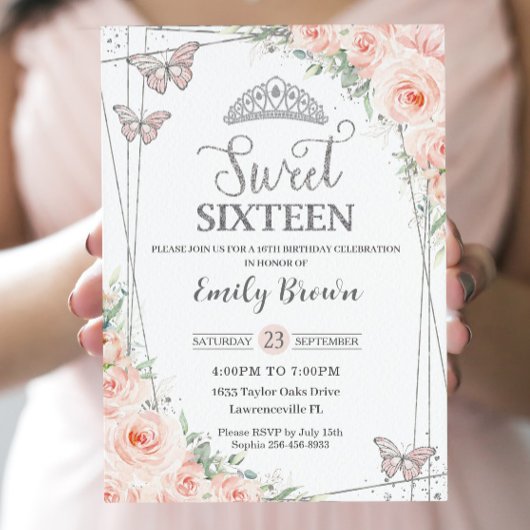 Invitation Sweet 16 Seize Blush Rose Floral Argent Anniversai
