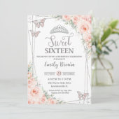 Invitation Sweet 16 Seize Blush Rose Floral Argent Anniversai (Debout devant)