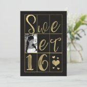 Invitation SWEET 16 SEIZE Cœurs Or & Noir Photo (Debout devant)