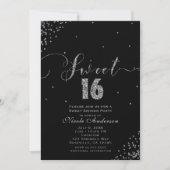 Invitation SWEET 16 Seize Coin Confetti Noir & Argent (Devant)