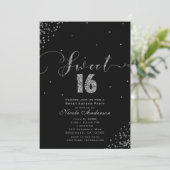 Invitation SWEET 16 Seize Coin Confetti Noir & Argent (Debout devant)