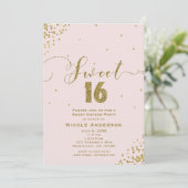 Invitation SWEET 16 Seize Coin Confetti Rose & Or Blush (Debout devant)