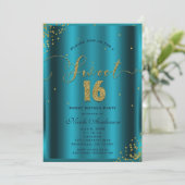 Invitation SWEET 16 Seize Coins Aqua Blue & Gold Confetti (Debout devant)