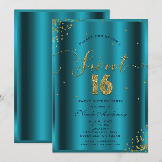 Invitation SWEET 16 Seize Coins Aqua Blue & Gold Confetti (Devant / Derrière)