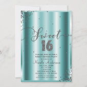 Invitation SWEET 16 Seize Coins Aqua & Silver Confetti (Devant)
