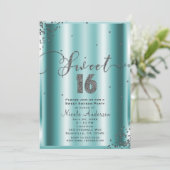 Invitation SWEET 16 Seize Coins Aqua & Silver Confetti (Debout devant)