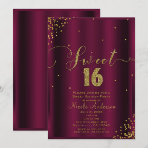 Invitation SWEET 16 Seize Coins Bourguignon & Or Confetti