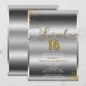 Invitation SWEET 16 Seize Coins Confetti Argent & Or (Devant / Derrière)
