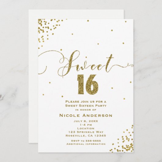 Invitation SWEET 16 Seize Coins Confetti Blanc & Or (Devant / Derrière)