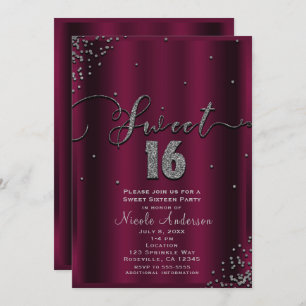 Invitation SWEET 16 Seize coins Confetti d'argent de Bourgogn