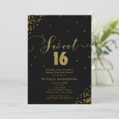 Invitation SWEET 16 Seize Coins Confetti Noir & Or (Debout devant)