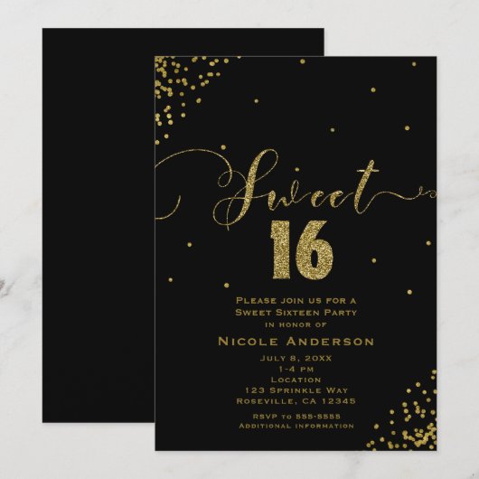 Invitation SWEET 16 Seize Coins Confetti Noir & Or (Devant / Derrière)