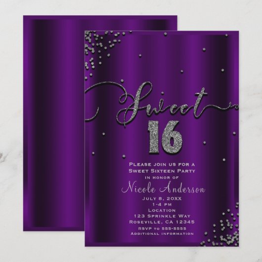 Invitation SWEET 16 Seize Coins Confetti Purple & Argent (Devant / Derrière)