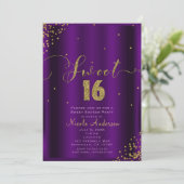 Invitation SWEET 16 Seize Coins Confetti Purple & Or (Debout devant)