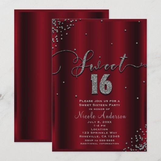Invitation SWEET 16 Seize Coins Confetti Rouge & Argent (Devant / Derrière)